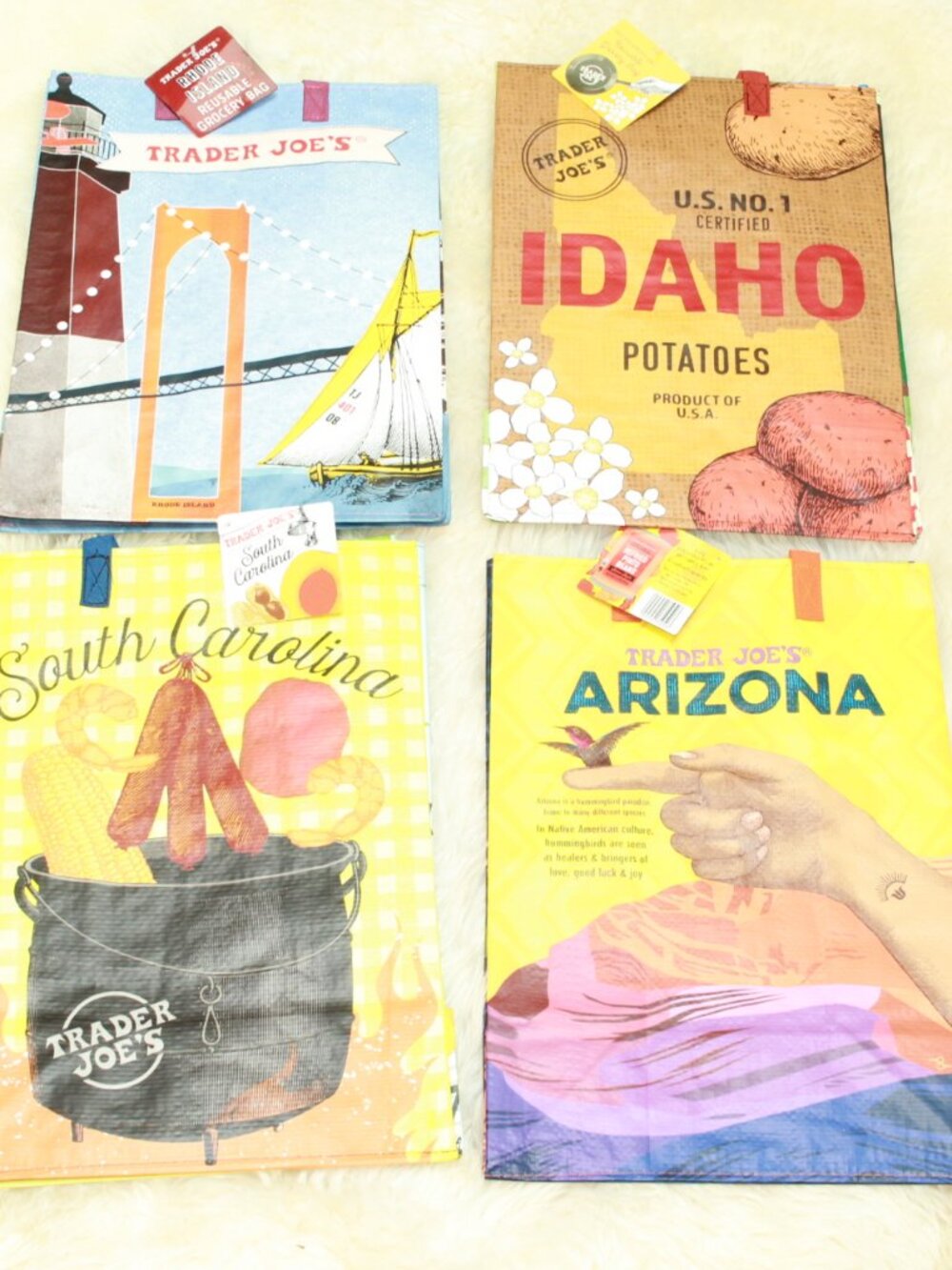 Trader Joe’s Set of 4 State Reusable Tote Bags - Idaho, RI, SC, Arizona - NWT